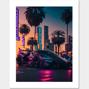 Dark Neon Sports Car in Beach Neon City Posters and Art